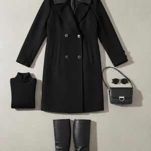 Women’s Black Double-Breasted Coat with Knit Inset Collar